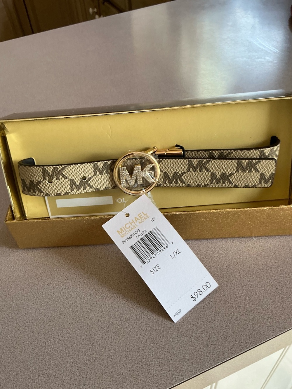 Michael Kors MK Logo Monogram Belt in Beige/Brown with Gold Buckle New with tag
